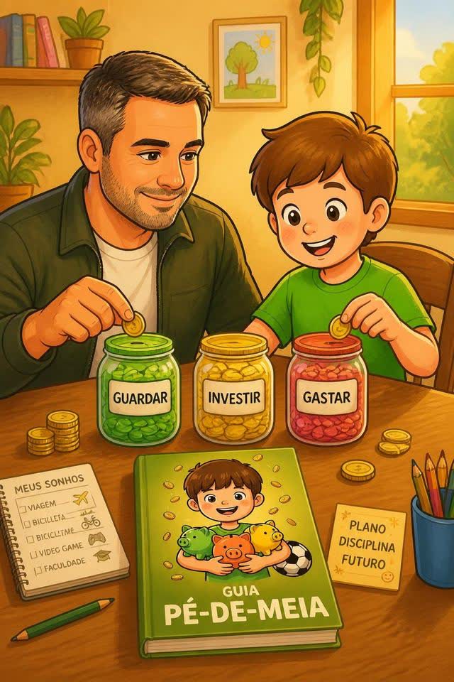 Pai e filho colocando moedas nos potes Guardar, Investir e Gastar, com o Guia Pé-de-Meia na mesa